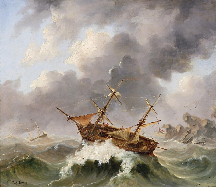 Oil painting of a ship in a storm